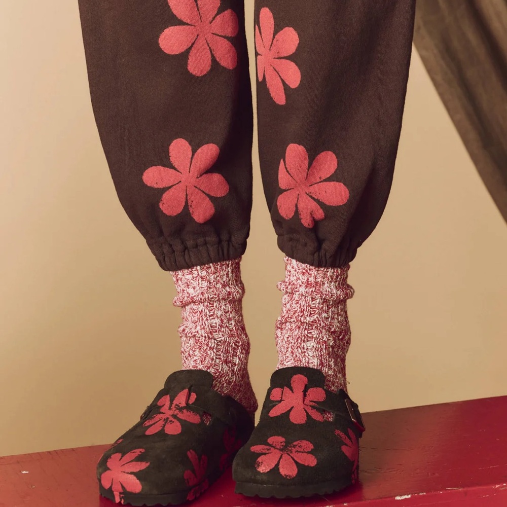 Birkenstock Brown and Red Floral Suede Clogs Hand Stamped The Great. - Picture 2 of 4